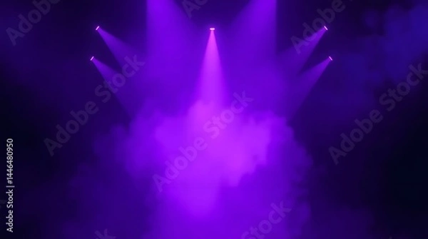 Obraz Purple stage lighting with smoke, creating a dramatic and atmospheric scene.  Five spotlights illuminate a smoky purple background.
