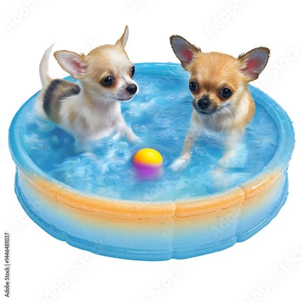 Obraz Illustration: Two completely wet chihuahuas are having fun with a ball in a little pool.