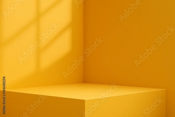 Fototapeta Sunlight streaming through a window creates a dramatic shadow on the wall behind a vibrant yellow corner display platform, offering a striking backdrop for product placement