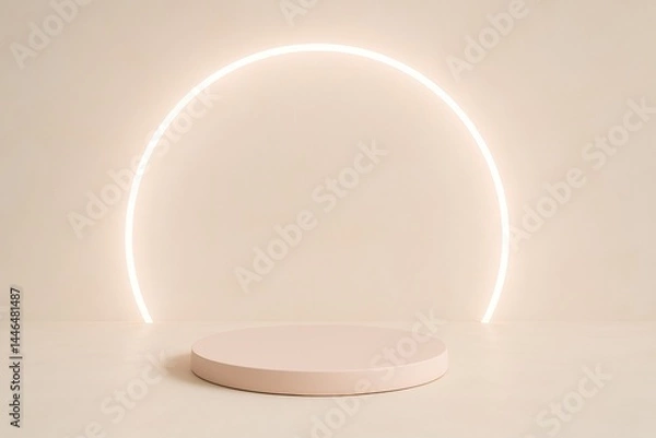 Obraz Round podium illuminating presenting space with neon light arch creates a modern and minimalist backdrop, perfect for showcasing products or designs