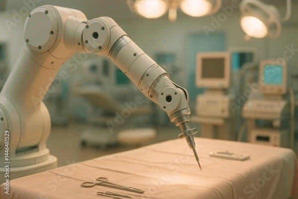 Obraz Modern surgical robot arm conducting an operation with advanced surgical instruments positioned on a sterile operating table within a state-of-the-art operating room environment
