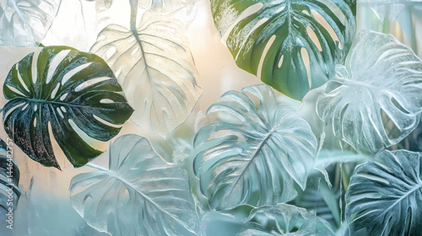 Fototapeta Blurry monstera leaves seen through frosted glass window creating a soft green background ambiance. [Mechanical Forests] | Frosted Leaves | icy foliage. Illustration