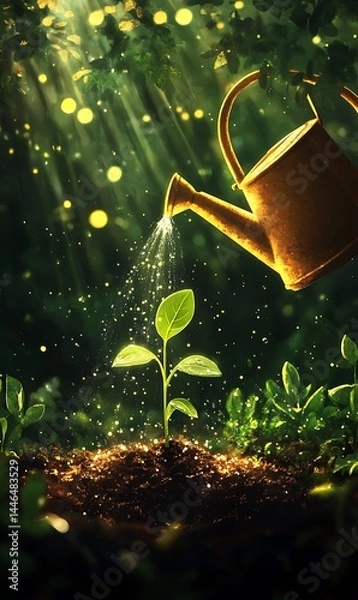 Fototapeta Watering Young Sprout from Rustic Metal Can, Sunlight, Small Leaves, Dark Soil