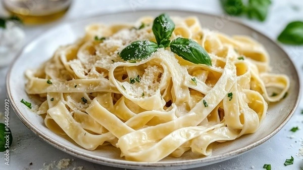 Obraz Creamy fettuccine pasta dish with parmesan cheese and basil.  Freshly cooked fettuccine pasta tossed in a light, creamy sauce.  Garnished with grated parmesan cheese and fresh basil leaves
