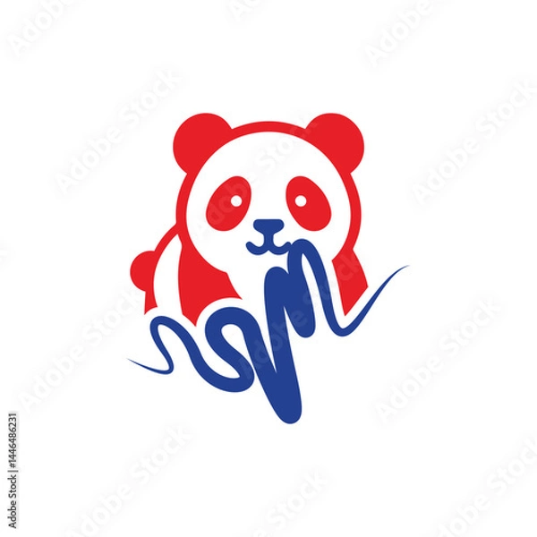 Fototapeta Playful Red and Blue Panda Logo Design on a White Background