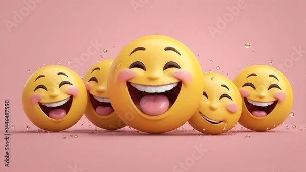 Obraz Happy laughing emoji faces, pink background, 3D render, joyful, cheerful, smiling, fun, cartoon.