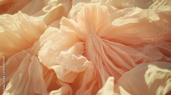 Fototapeta Close-up view of delicate, light peach-toned fabric folds.