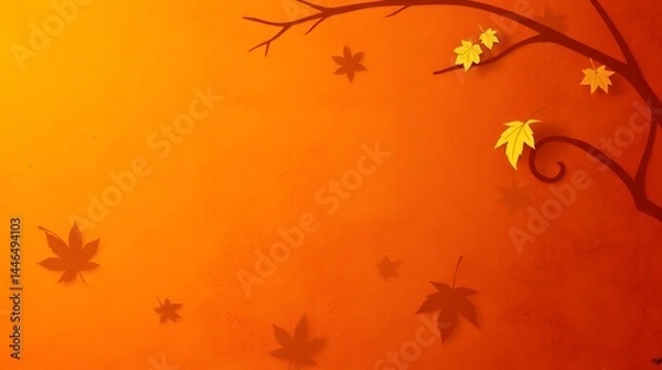 Obraz Autumn leaves on orange background.  Branch, fall, maple, design, vector, illustration, textured, backdrop, vibrant.