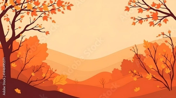 Obraz Autumn landscape with orange trees and hills, vector illustration.