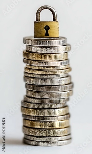 Fototapeta Padlock on a Stack of Coins Financial Security Stacked Coins on White