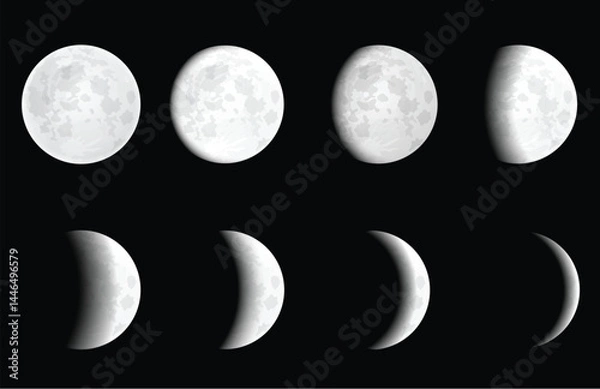 Fototapeta Moon eclipse, different phases, realistic moonlight in stages from full moon to thin moon