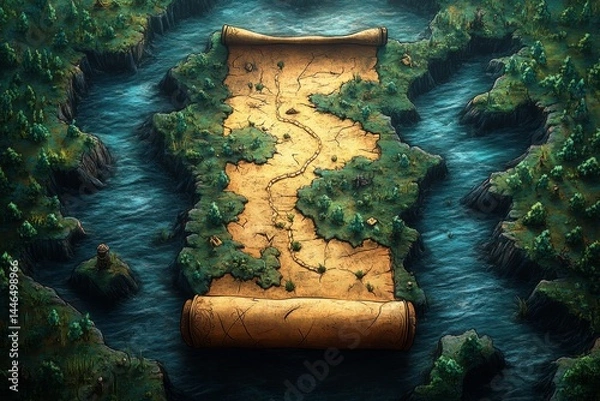 Fototapeta Island map scroll, adventure game background