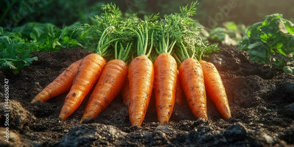 Fototapeta Harvesting vibrant carrots from an organic garden with rich soil and abundant greenery