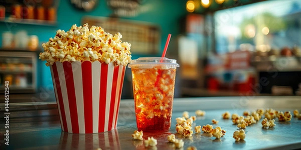 Fototapeta Delicious snack arrangement featuring popcorn and a refreshing drink in a vibrant concession stand