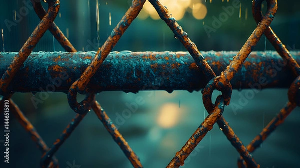 Fototapeta Rusty Chain Link Fence with Raindrops and Bokeh Background