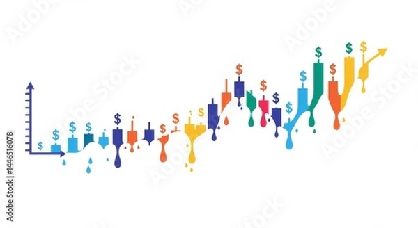 Fototapeta Abstract Candlestick Chart with Money Symbols Showing Financial Growth Trend