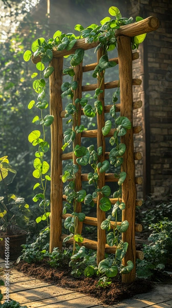 Fototapeta Garden trellis supporting climbing beans in an organic garden surrounded by lush greenery and sunlight filtering through