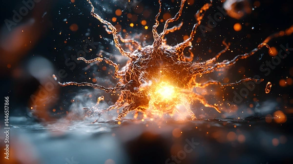 Fototapeta An abstract image of a neuron with glowing energy. Excellent for scientific illustration or promotional material related to the brain or technology.