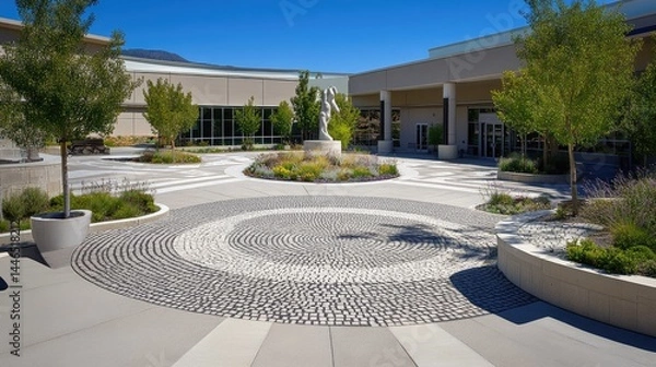 Fototapeta Entry plaza with paver pattern design, public art, and structured landscaping