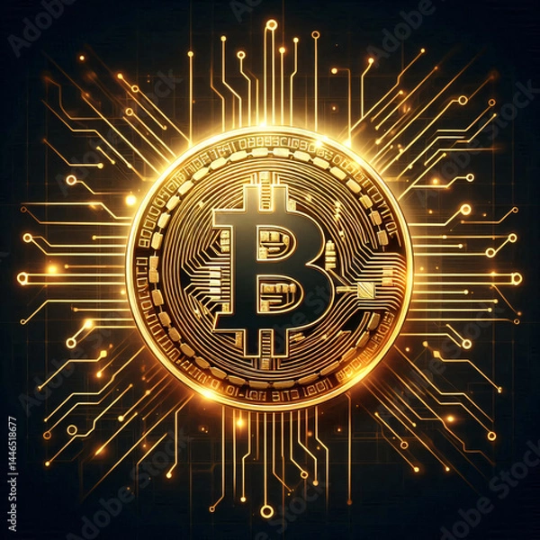 Fototapeta A golden Bitcoin symbol surrounded by glowing circuit boards, representing the cryptocurrency. Generative AI.