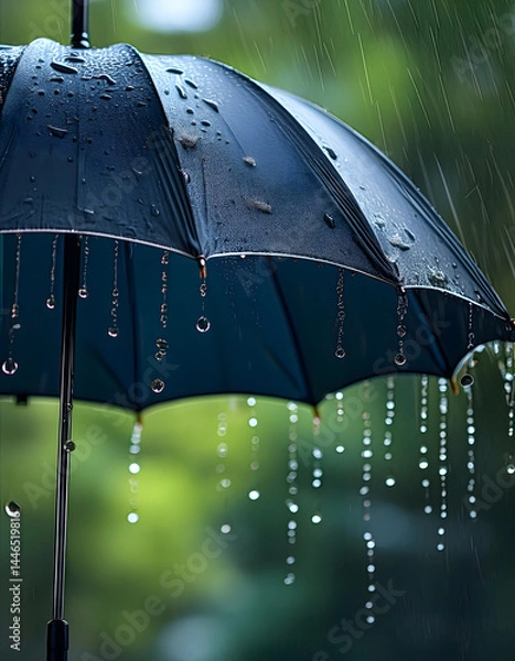 Fototapeta A black umbrella being used in heavy rain, with visible raindrops and a blurred green background. Generative AI.