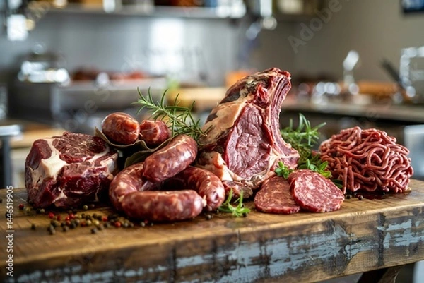 Fototapeta  a generous assortment of various raw meat products artfully arranged on a thick, rustic wooden cutting board or butcher block.