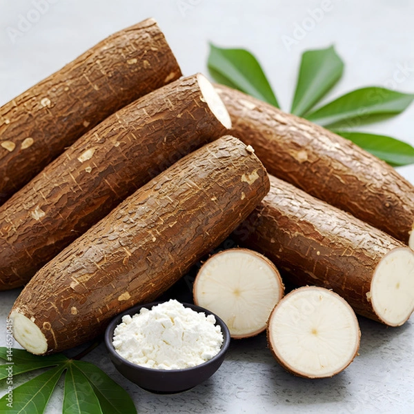 Fototapeta Raw cassava roots, sliced pieces, white flour or starch, and leaves displayed together on a surface, showing the plant and processed form. Generative AI.