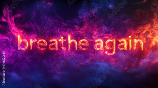 Fototapeta A breathe again glowing text with colorful smoke background symbolizing world no tobacco day awareness and healthy living