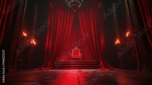 Fototapeta A dark world stage with red velvet throne and heavy curtains creates dramatic dracula day atmosphere filled with mystery and grandeur