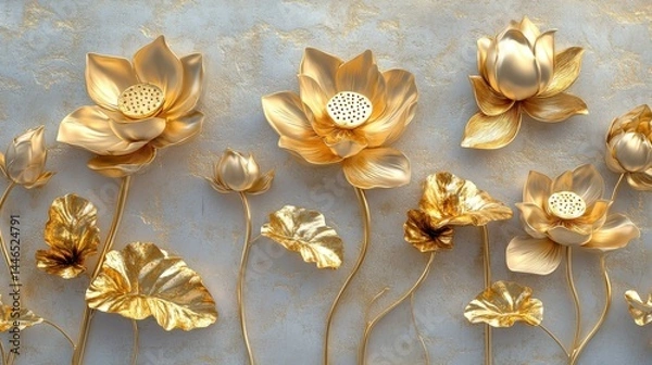 Obraz Golden lotus with Stucco Stems and Leaves An elegant 3D floral background. Elegant 3D Floral Background Featuring Golden lotus with Stucco Stems and Leaves.