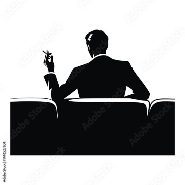 Obraz Silhouette of a Man in a Suit Sitting on Sofa Smoking Cigarette – Retro Noir Businessman Back View Isolated Vector Illustration