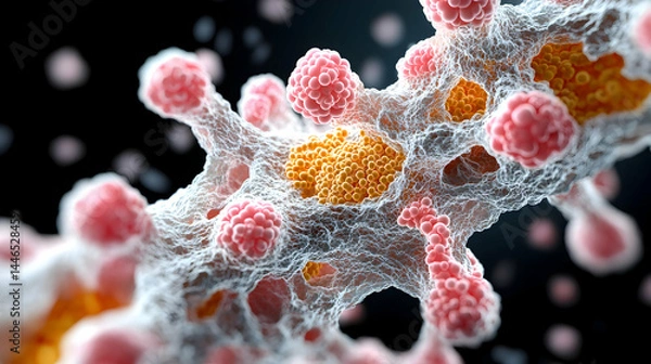 Fototapeta A close-up view of cells and their intricate structures. Great for educational purposes or scientific visualizations. Illustrates biological processes and cellular interactions.