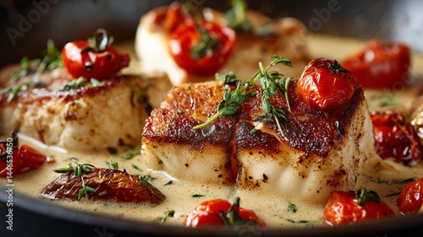 Fototapeta Delicious pan seared cod fillet with roasted cherry tomatoes and creamy thyme sauce gourmet recipe food  fish meal