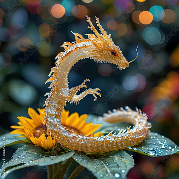 Fototapeta Miniature flower dragon, transparent, light. The background is a multi-colored bokeh. Dew drops. Dawn, the first rays of the sun. AI generated content.