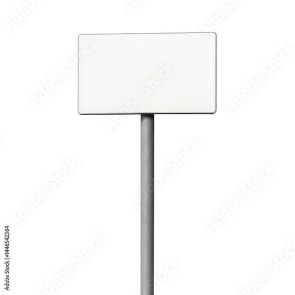 Obraz Horizontal blank white sign board with rounded corners, fixed atop a tall gray metal pole, awaiting text or graphics.