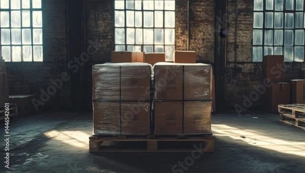 Fototapeta Stacked boxes on a pallet in a warehouse