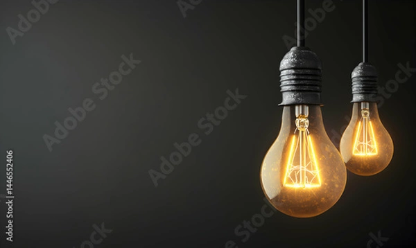 Fototapeta Two glowing lightbulbs illuminate a dark background with visible filaments