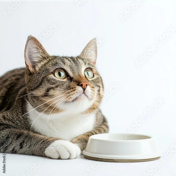 Obraz Playful cat awaiting meal in cozy home environment captured in close-up perspective