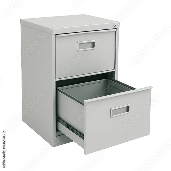 Obraz Essential office furniture a two-drawer light gray metal filing cabinet with the bottom drawer extended, ready for organization.