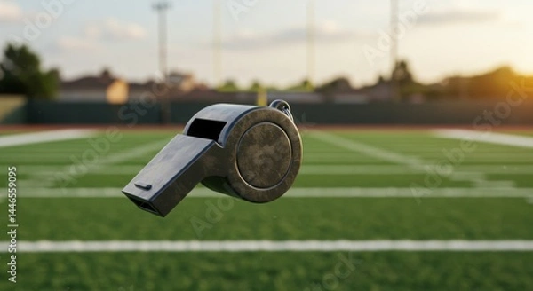 Obraz A Close-Up View of a Metal Whistle on a Blurred Football Field Background at Sunset