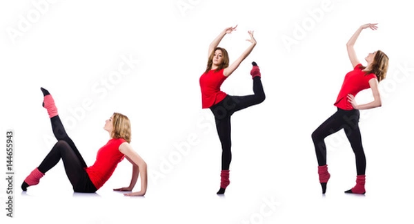 Fototapeta Young gymnast exercising on white