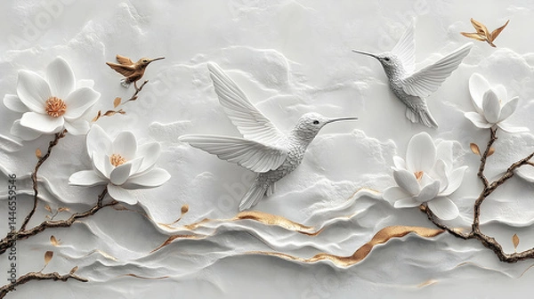 Obraz Elegant white birds and flowers in a 3d design.