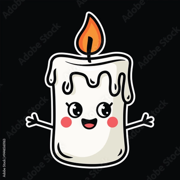Obraz Kawaii Cute Candle Character with Happy Face and Burning Flame – Cartoon Illustration on Black Background