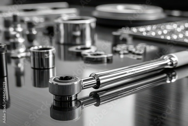 Fototapeta Close-up of Chrome Socket Wrench and Tools on Reflective Surface