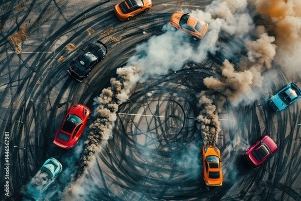Fototapeta top view of driver drifting car