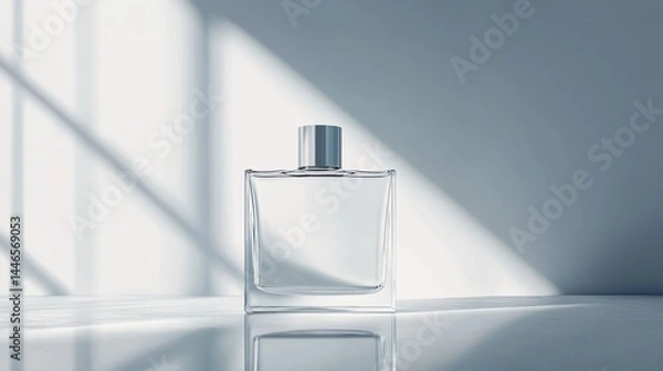 Fototapeta Clear Glass Perfume Bottle, Sunlight Shadows