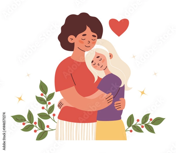 Fototapeta Happy Cute woman mother with her daughter. Vector illustration in flat style for festive design of family and mother day