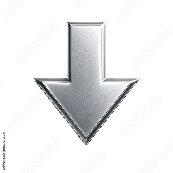 Obraz A contemporary brushed metal arrow pointing downwards, depicted with a glossy, reflective surface and a three-dimensional effect.