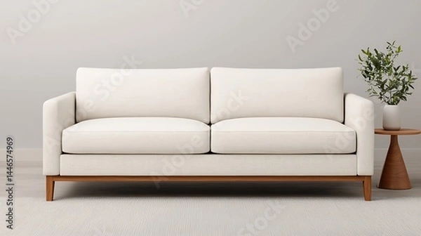 Fototapeta Minimalist Cream Couch with Wooden Frame and Side Table, Indoor Home Decor Arrangement for Comfortable and Relaxing Living Space.