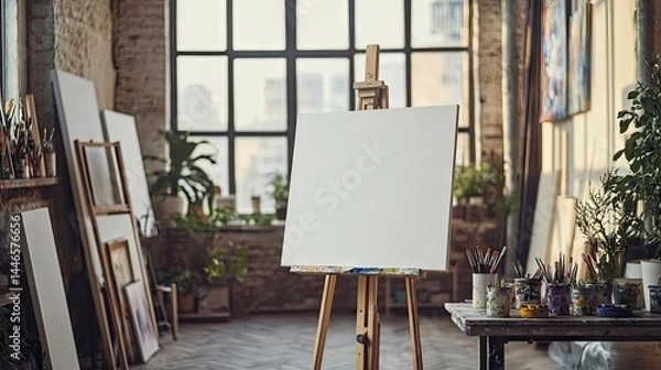 Fototapeta Empty canvas on easel in a bright 's .